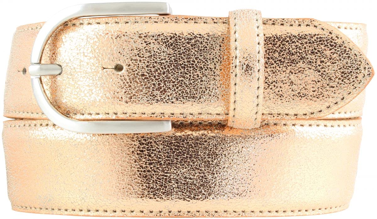 BELTINGER Damen-Gürtel mit Metall-Optik Echt Leder 4 cm | Leder-Gürtel Metallic-Look 40mm glänzend | Metall-Ledergürtel mit runder Gürtelschnalle | Roségold 90cm