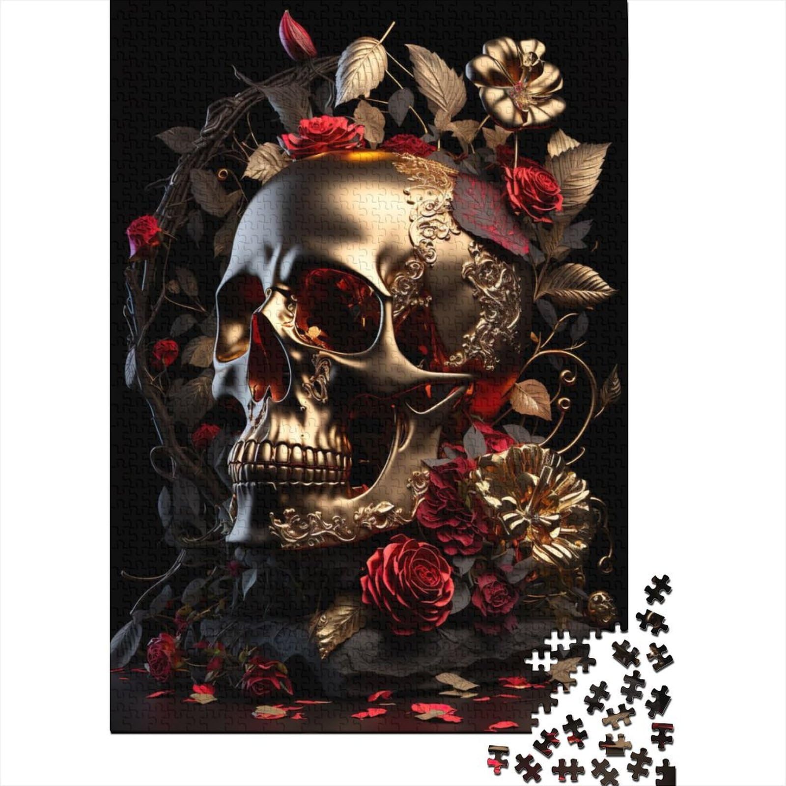 Goldener Totenkopf, Puzzle für Erwachsene, 1000 Teile, Puzzle für Erwachsene, Teenager, Puzzle für Erwachsene, Lernspiel, Herausforderungsspielzeug, 75 x 50 cm