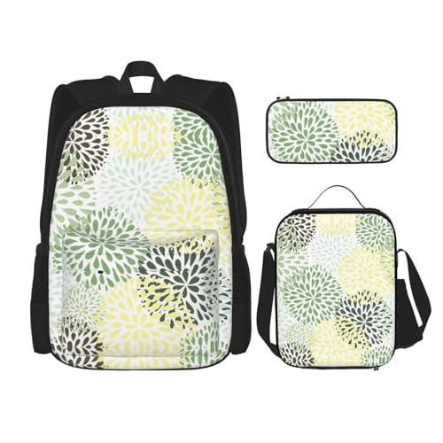 WURTON Petals Garden Leaves Print Trendy Rucksack Taschen Lunchbox und Federmäppchen 3-in-1 verstellbares Rucksack-Set, Schwarz , Einheitsgröße