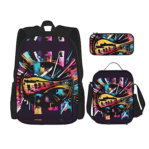 YQxwJL 3-in-1-Rucksack-Büchertaschen-Set, Indianer-Muster, lässiger Reiserucksack, mit Federmäppchen, Lunchtasche, Musik-Graffiti-Stil, Einheitsgröße