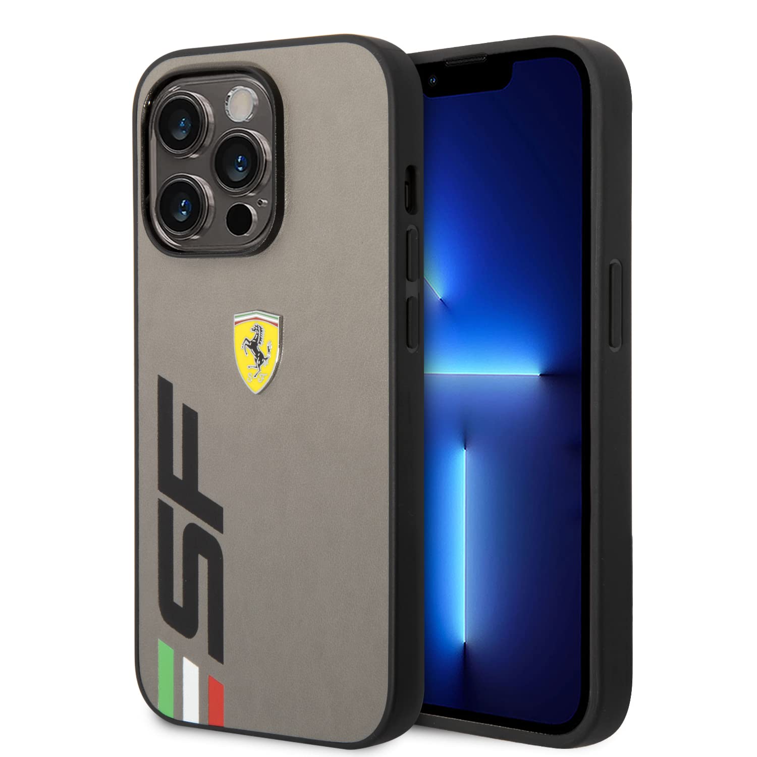 CG MOBILE Ferrari Schutzhülle aus Kunstleder mit großem SF-Logo, Bedruckt, kompatibel mit iPhone 14 Pro Max, Grau