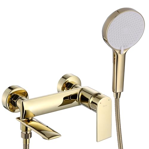 Rea VENETA GOLD Badewannenarmatur Wasserhahn Badewanne Einhebel Wannenarmatur mit Handbrause Badarmatur aus Messing Mischbatterie (Gold)