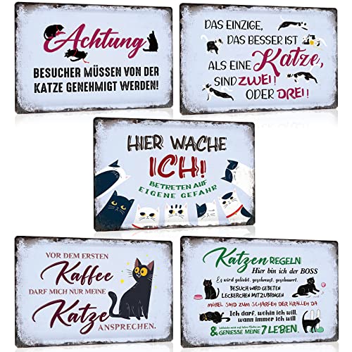 5er Set Katze Retro Blechschild Sprüche 20x30cm - Vintage Katzen-Regeln Schild mit Lustiger Spruch - Achtung Cat - HIER WACHE ICH - Metall-Schild Poster Geschenk für Katzen-Liebhaber