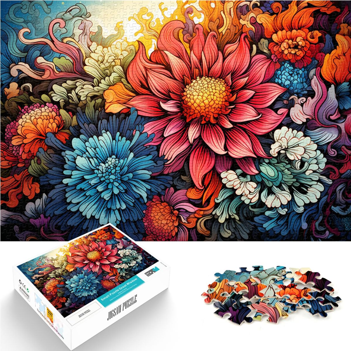 Puzzle, Lernspiele, farbenfrohes, psychedelisches Blumenmeer, 1000-teiliges Puzzle aus Holz, zum Stressabbau, zum Zeitvertreib zu Hause, 1000 Teile (50 x 75 cm)