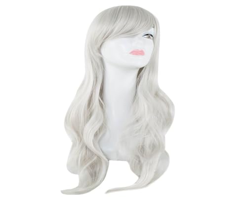 AnimeKostüm,Cosplay Perücke, Synthetisches hitzebeständiges langes gewelltes blaues Frauenhaarkostüm Karneval Halloween Masque Party Salon Haarteil(Silver grey)