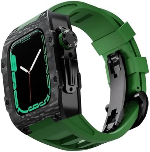 NEYENS Kohlefaser-Uhrengehäuse, fluororiertes Gummiband, für Apple Watch Serie 8/7/6/5/4/SE, 45 mm, 44 mm, Ersatzzubehör, RM-Stil, Metallkrone, Sportarmband, Mod Kit, 45 mm, Achat