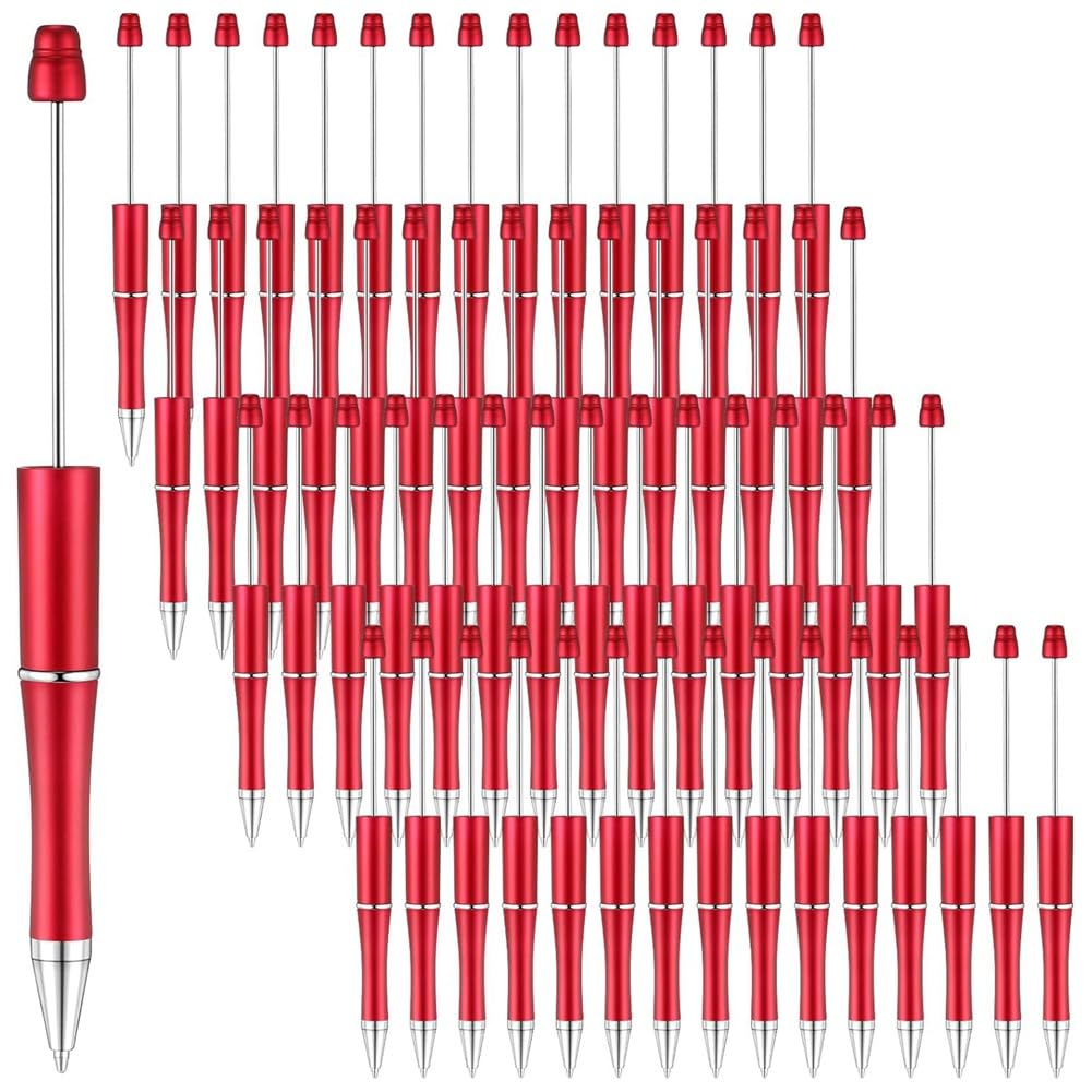 Kiudduy 60 Stück Beadable Pens Bulk Bead Pen Cute Cool DIY Pens Plastic für Kinder, Mädchen, Schüler, Lehrer, Rot