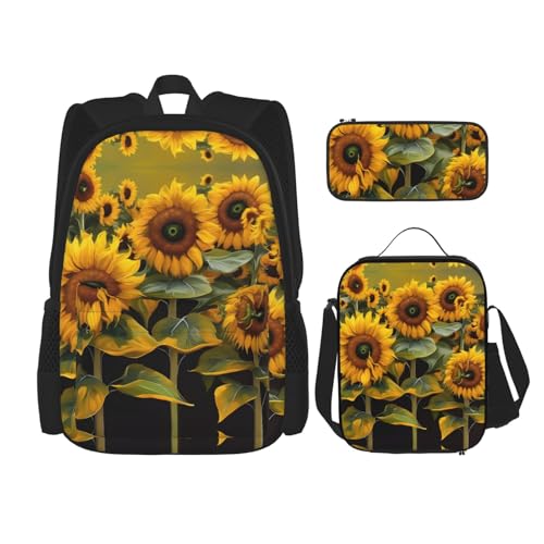 WURTON Lunchbox mit Sonnenblumen-Druck, Federmäppchen, Rucksack-Set, 3-teilig, verstellbare Riemen, langlebig, leicht, Schwarz, One Size