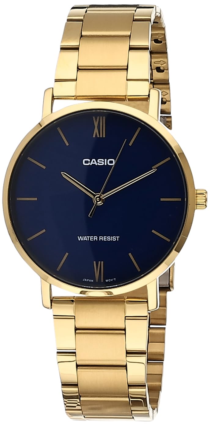 Casio MTP-VT01G-2B Men's Gold Tone Stainless Steel Minimalistic Blue Dial 3-Hand Analog Watch