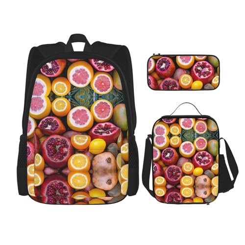 WURTON Trendiger Rucksack mit Obstdruck, Lunchbox, Federmäppchen, 3-in-1, verstellbares Rucksack-Set