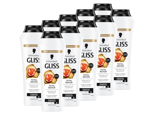 Gliss Shampoo Total Repair (10x 250 ml), Haarshampoo mit flüssigem Keratin & Blüten-Nektar, Pflegeshampoo für trockenes und geschädigtes Haar reduziert Haarbruch