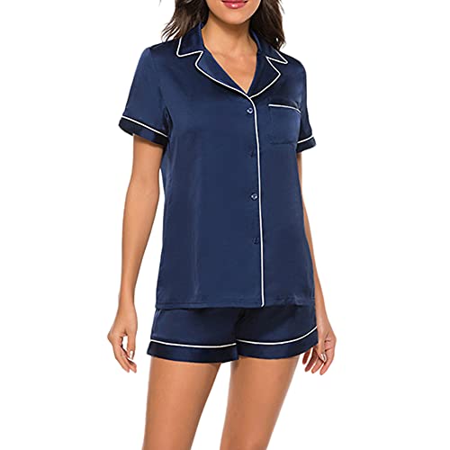 Schlafanzug Damen Kurzarm Pyjama Atmungsaktiv Nachtwäsche mit Knopfleiste Sleepwear Set Zweiteiliger Marine S