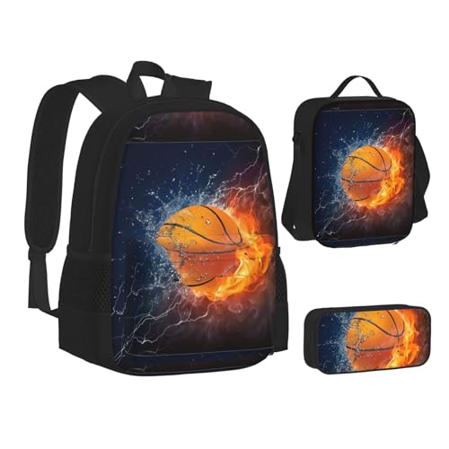 WURTON Rucksack Lunchbox Set mit Basketball auf Feuer und Wasserflammenspritzer, 3-in-1 Büchertasche und Federmäppchen, passende Kombination, Schwarz, Einheitsgröße