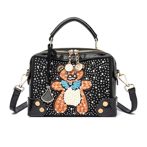 ohodhmnu Damen Tote Bag Leder Geldbörsen Kleine Handtaschen Cartoon Schultertaschen Einfache Crossbody Handtasche für Mutter Mädchen, Pearl Bear Black, black strap