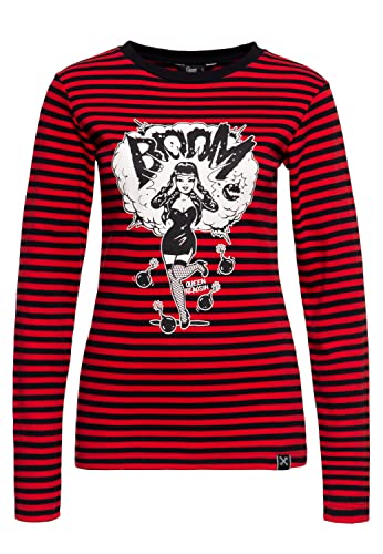 Queen Kerosin Damen Langarmshirt Shirt | Gestreift | Pin-Up | Frontprint | Vintage Print | Comic-Style | 50´S Bomb Devil