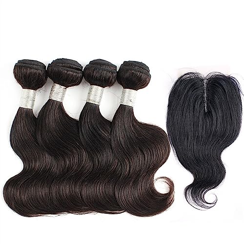 Human Hair Bundles 4 Bündel mit Verschluss, mittlerer freier Teil, transparente Spitze, natürliches Schwarz, brasilianisches gewelltes Remy-Echthaar, kurzer Bob-Stil, brasilianisches gewelltes Bündel,