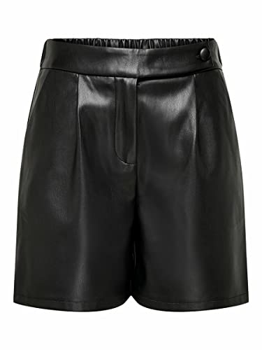 JDY Damen Kunstleder Shorts | Kurze Bermuda High Waist Sommer Hose | PU Hotpants Stretch Bund JDYAMALIE, Farben:Schwarz, Größe:40