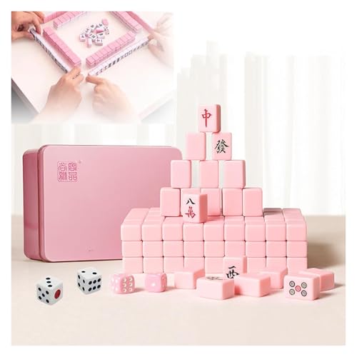 BFVAKBKYT Chinesisch Majong Set, Chinesische Mini-Daumen-Mahjong-Steine*144, massives Melamin, mit tragbarer Aufbewahrungsbox aus Metall + Tischdecke + 2 Würfel + 4 Steinboxen,(Pink)