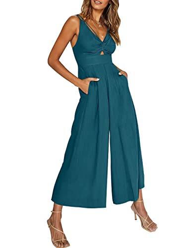 WINDEHAO V Neck Cutout High-Waist Jumpsuits Women's Summer Wide Leg Jumpsuits V Neck Sleeveless Cutout High Waist Rompers (Lake blue,XXL)