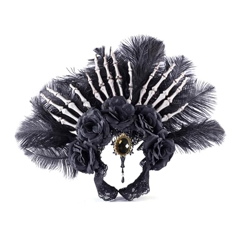 Modisches schwarzes Haarband mit Blumen- und Federn, mit Handschädel für Bühne, Halloween, Party, Damen-Styling, für Kopfbedeckung, Cosplay, Stirnbänder für Damen, Cosplay, Stirnband, schwarz,