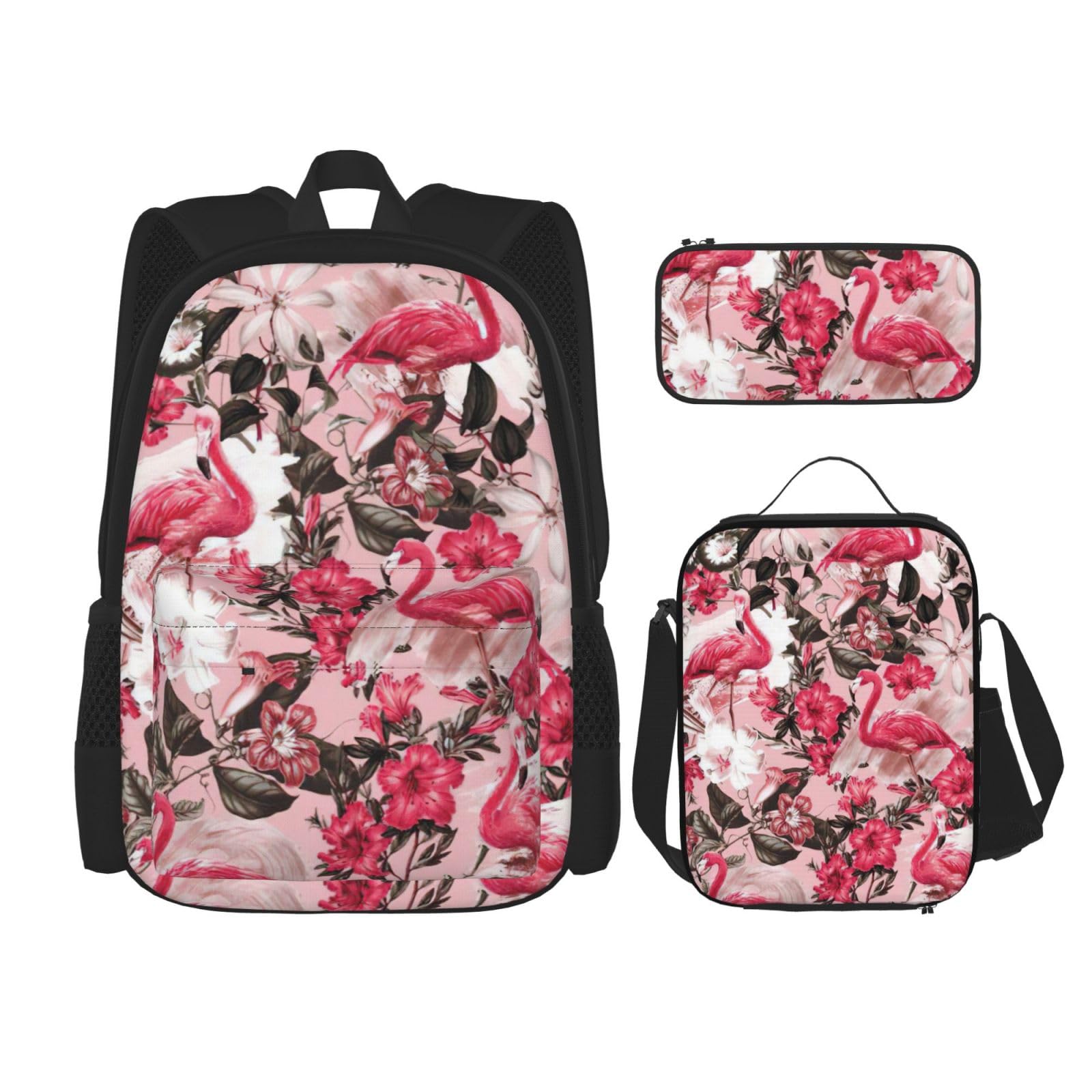 WURTON Flamingo-Blumendruck, trendige Rucksacktaschen, Lunchbox und Federmäppchen, 3-in-1, verstellbares Rucksack-Set, Schwarz, Einheitsgröße, Schwarz , Einheitsgröße