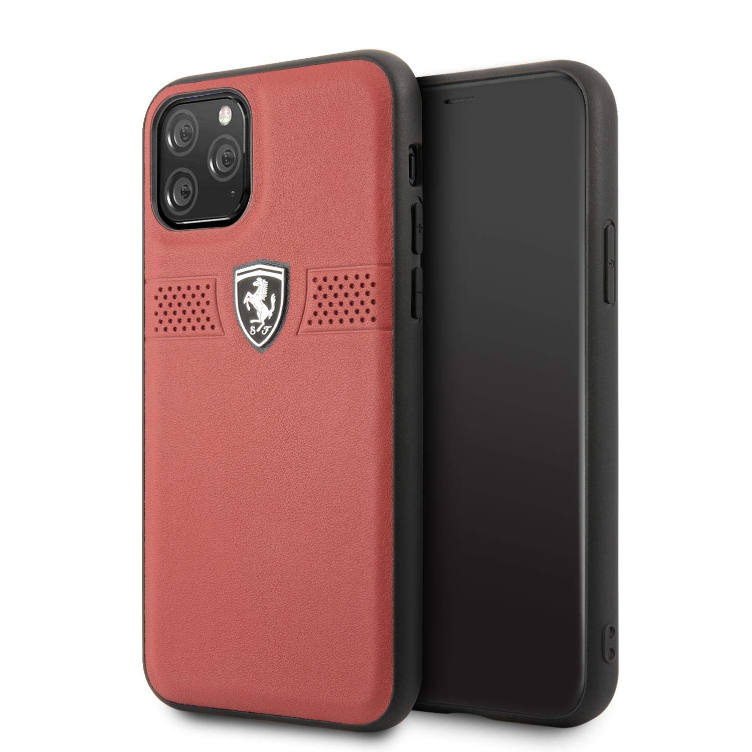 CG Mobile Ferrari Schutzhülle für iPhone 11 Pro, echtes Leder, perforiert, horizontale Streifen, Fallschutz, Stoßdämpfung, offizielles Lizenzprodukt, Rot