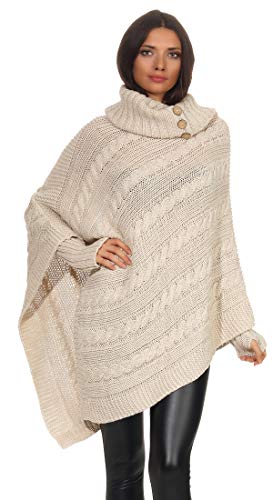 Mississhop Poncho Cape Strick Sweatshirt Pullover Umhang Überwurf mit Stulpen 3012 Beige