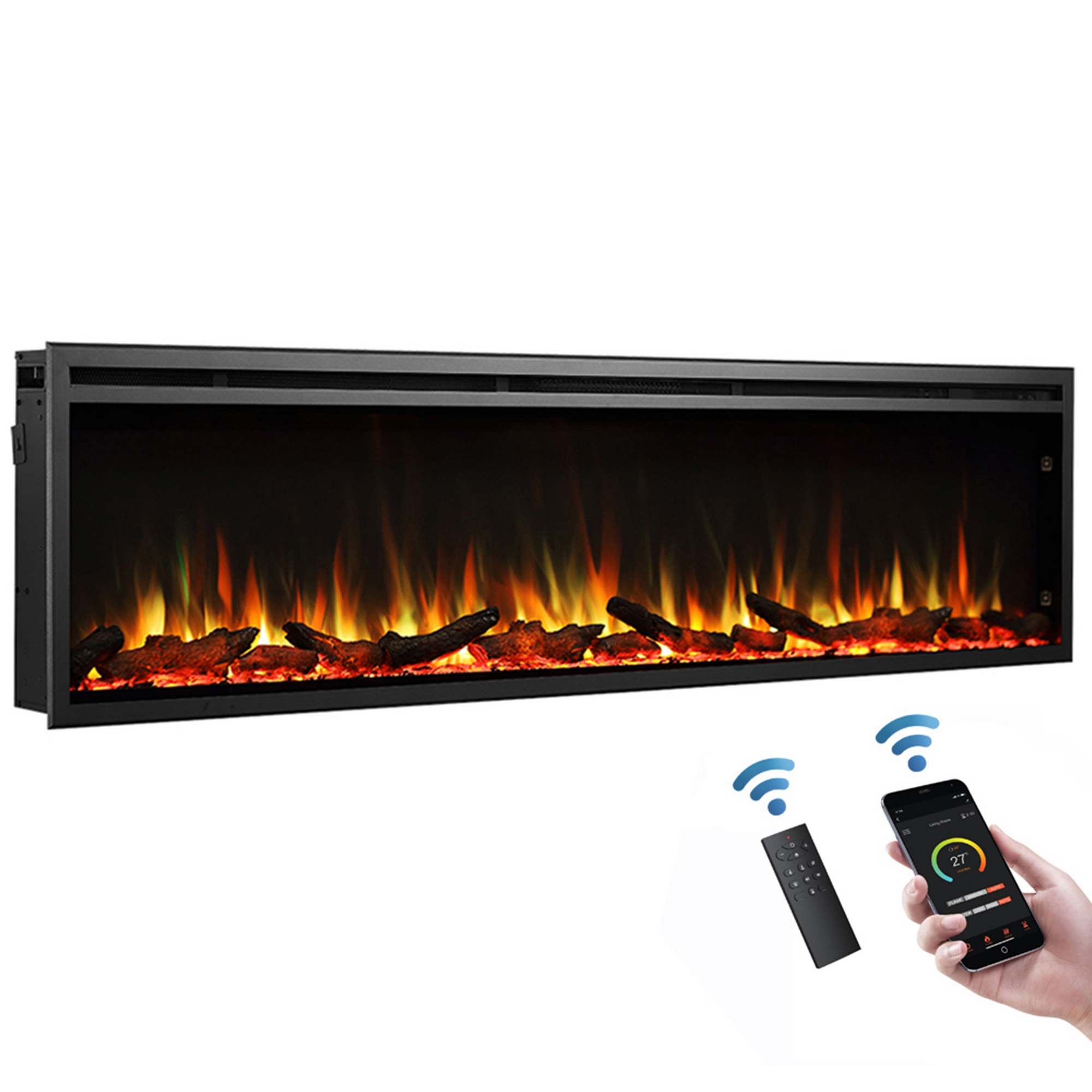 CrownFlame Elektro-Einbaukamin 'Atalanta 72' schwarz 1500 W, Wifi 3D-Flammeneffekt Fernbedienung 183 x 48 x 14,7 cm