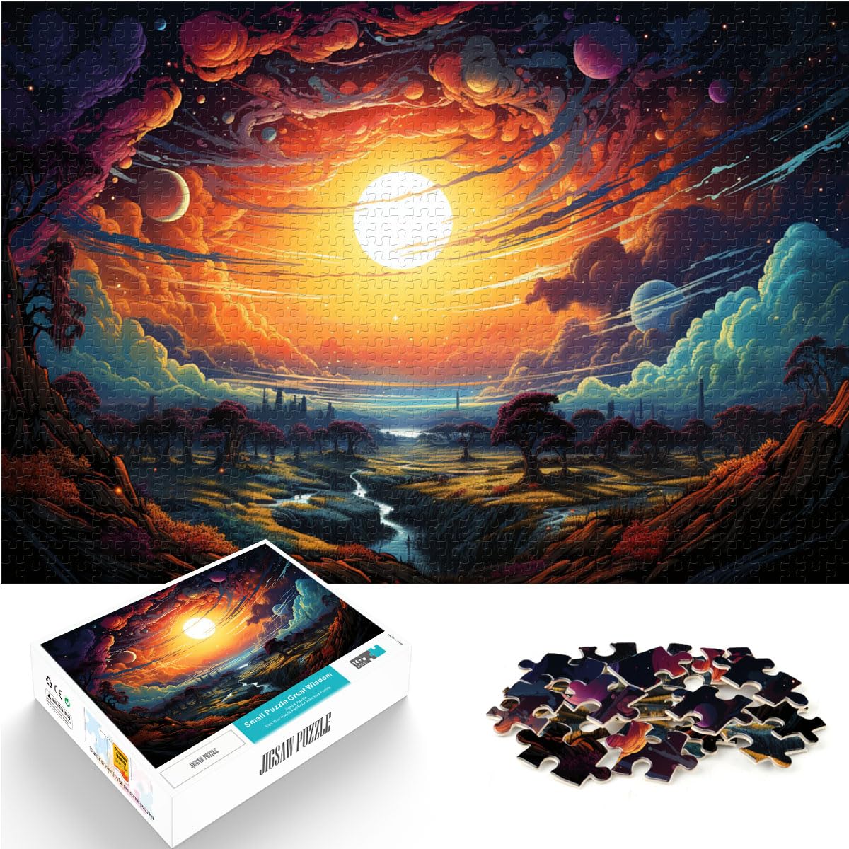 Spiel-Geschenk-Puzzle, farbenfrohes psychedelisches Landschaftsgemälde, Puzzle 1000 Teile, Holzpuzzle, einzigartige Heimdekoration und Geschenke, 1000 Teile (50 x 75 cm)