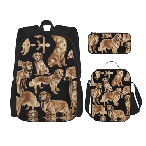 WURTON Golden Retrievers Schulrucksack, 3-in-1, Büchertaschenset mit Lunchbox, Federmäppchen, Reise, Laptop, Tagesrucksack