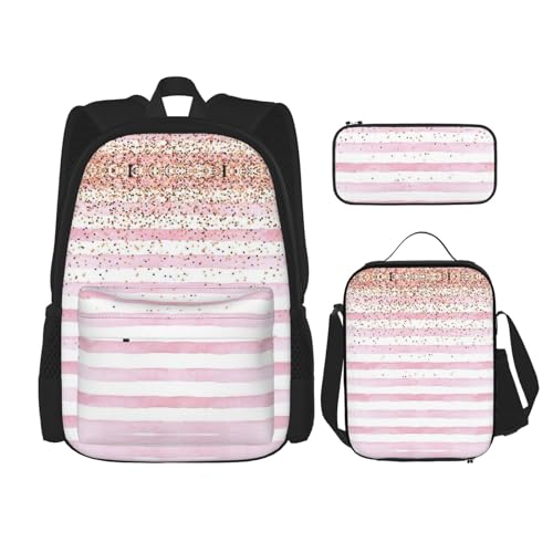 WURTON Schulrucksack-Set mit rosa gestreiftem Hintergrund, Büchertasche mit Lunchtasche, Federmäppchen, Kombinations-Schultaschen-Set