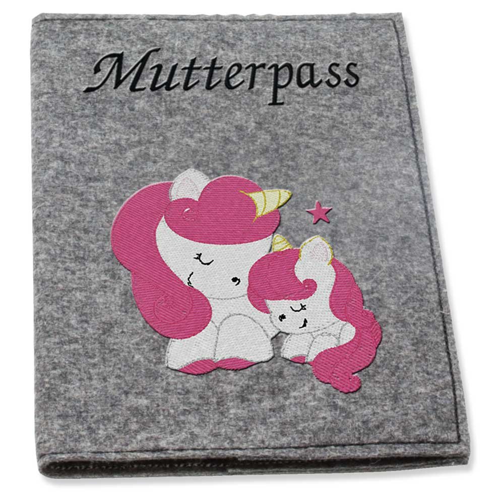 Mutterpass-hülle Wollfilz bestickt ★ Motiv Einhorn pink ★ Filzfarbwahl hellgrau grau dunkelgrau ★ Handarbeit ★ passend für den deutschen Mutterpass ★ (grau)