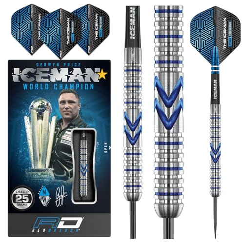 RED DRAGON Gerwyn Price Iceman Midnight Edition 25 Gramm Premium Wolfram Steeltip Dart Set mit Flüge und Schäften