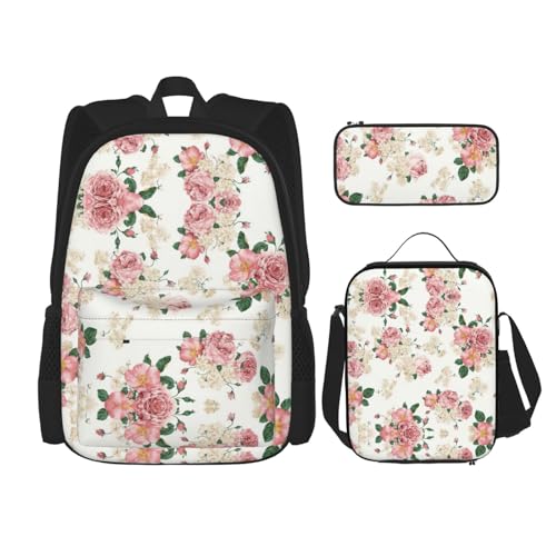 WURTON Schulrucksack-Set mit rosa Rosen und Blättern, 3-in-1, Büchertaschen-Set mit Lunchbox, Federmäppchen, Reise-Laptop-Tagesrucksäcke