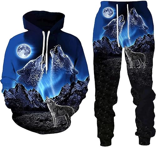 RIAAJ 3D Druckstile Wolf Herren Trainingsanzug,Hoodies+Lange Hose, Jogginganzug, 2-teiliges Set für Herren (XL,A1)