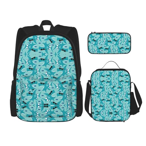 WURTON Schulterrucksack, Hai mit Sonne, Glasdruck, 3-in-1, Büchertaschen-Set, Lunchbox, Federmäppchen, Reise-Laptop-Tagesrucksäcke, Schwarz, Einheitsgröße