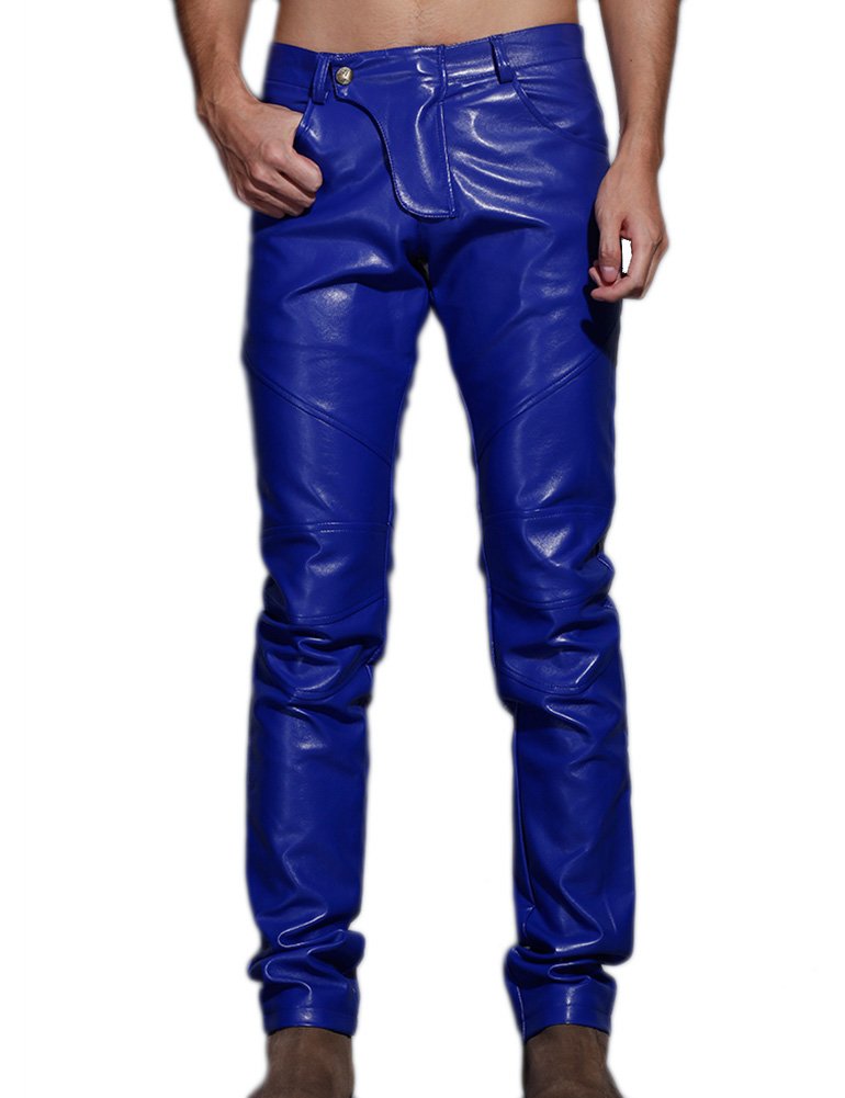 Idopy Herren Schlanke Passform Party Performance Biker Faux Leder Jeans Hosen Pu-Hose, Blau, 34(Taille 87m)