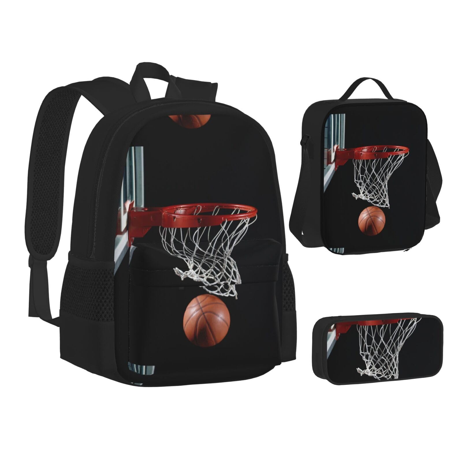 WURTON Lunchbox-Set mit Basketball-Druck, 3-in-1-Büchertasche und Federmäppchen, passende Kombination