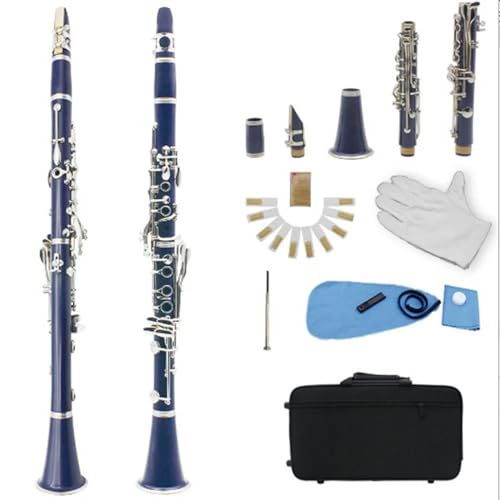 Professionelles Bb-Klarinetteninstrumentenset mit 17 Tasten für Anfänger (weiße Handschuhe/Tuch/Blätter/usw.) (Color : Dark Blue)