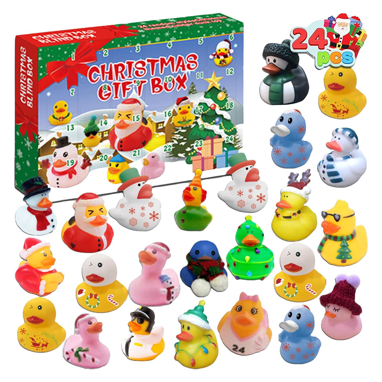 Gummi-Enten-Adventskalender | 24-teiliges weihnachtliches Gummi-Enten-Set | Enten-Adventskalender 2024 | Countdown-Set mit kleinen gelben Enten für jungenn und Mädchen, lustige Badezeit