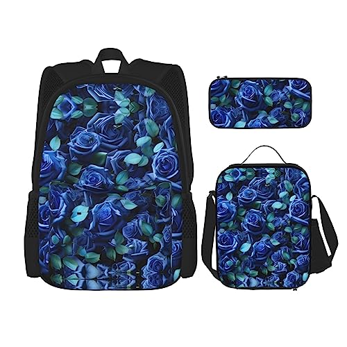 WURTON Many Blue Roses Print Travel Lunch Box Pencil Case Backpack Set 3 Pieces Adjustable Straps Lightweight, Schwarz, Einheitsgröße