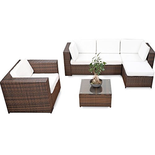 XINRO® erweiterbares 18tlg. Eck Lounge Set Polyrattan - braun-Mix - Garnitur Gartenmöbel Sitzgruppe XXXL Lounge Gruppe - inkl. Lounge Sessel + Ecke + Hocker + Tisch + Kissen