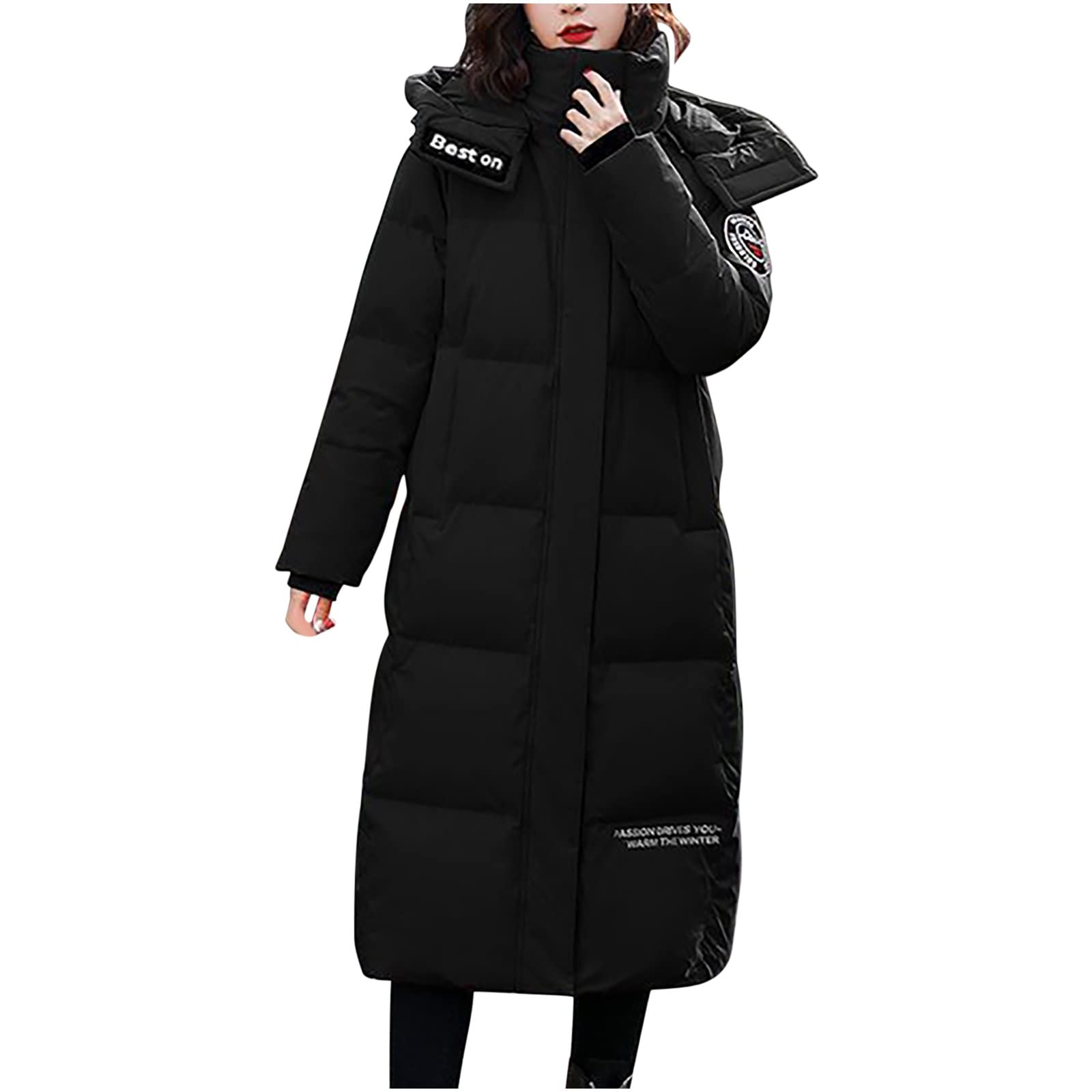 RKaixuni Damen-Winter-Daunenmäntel, warm, gesteppt, leicht, Jacke, lang, Parkas, Windbreaker, Anoraks, Oberbekleidung, Schwarz , 50