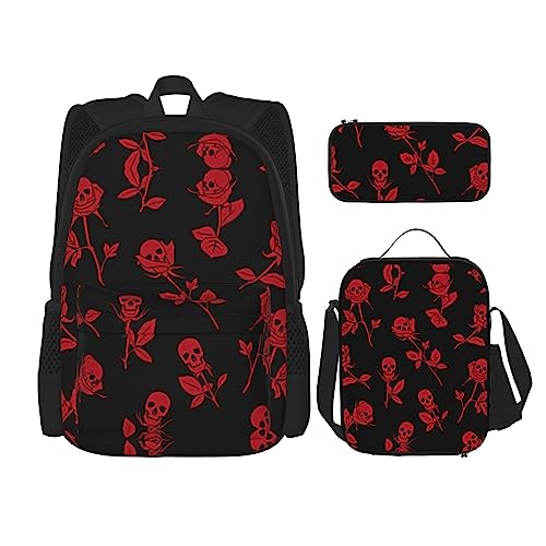 WURTON Lunchbox mit Totenkopf-Rosen-Druck, Federmäppchen, Rucksack-Set, 3-teilig, verstellbare Riemen, langlebig, leicht, Schwarz, One Size