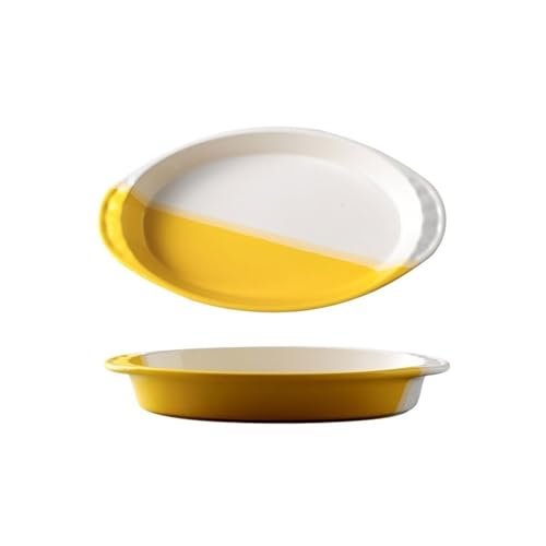 Auflaufform Kreative Backform Keramik Käse Gebacken Reis Platte Mikrowelle Binaural Platte Gemüse Platte Geschirr Haushalt Backen Schüssel Backform(Yellow,10 inches)