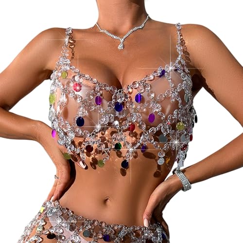 SOUTHJIELING Damen-Unterhemd mit ausgestanzten Kristallen, Strass, Körperkette, Schmuck, bunte Pailletten, ärmellos, bauchfreies Top, Party, Clubwear