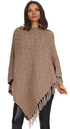 Mississhop Damen Poncho mit Kaschmir und Wolle Hochwertiges Cape XXL Umhängetuch Strick Pullover mit Quasten 3014 Mocca