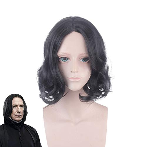 LINLINCD-Anime Coer Wig. 35cm Movie Severus Snape Black Perücke Cosplay Professor Snape Curly Perücke Halloween Rollenspiele Haarkostüme+Perücke Kappe