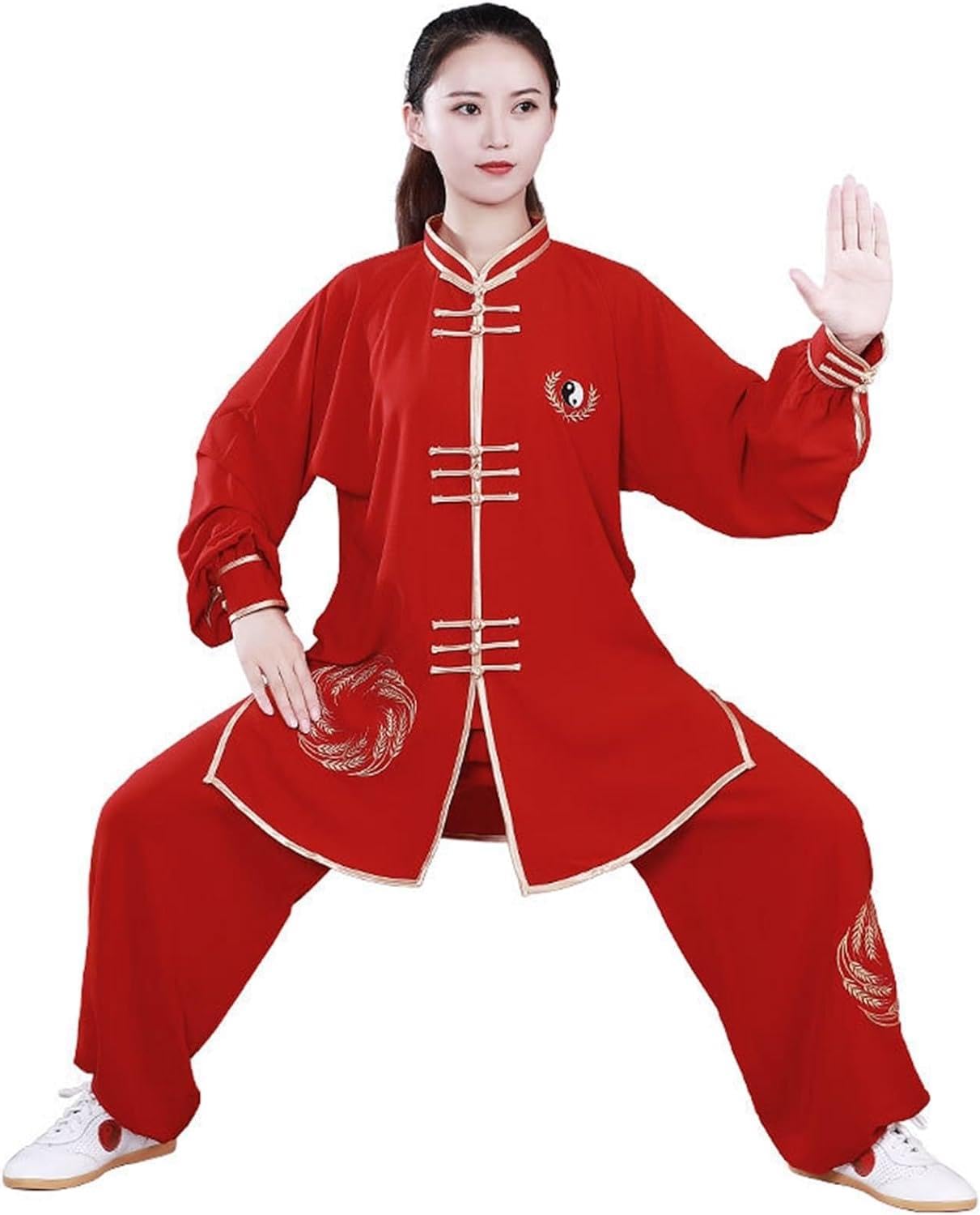 WLLKIY Kampfkunst-Uniform, Kung-Fu-Anzüge, langärmelige Tai-Chi-Kleidung, chinesisches traditionelles Taiji, Outdoor-Sprots,Rot-XS