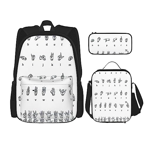 WURTON Gebärdensprache, Alphabet-Druck, Reise-Lunchbox, Federmäppchen, Rucksack-Set, 3-teilig, verstellbare Riemen, leicht, Schwarz, Einheitsgröße